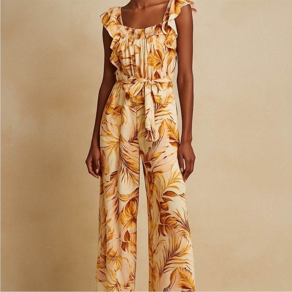 june & hudson Yellow Pink Palm Print Ruffle-Sleeve Wide-Leg Jumpsuit NWT Large - Picture 2 of 11